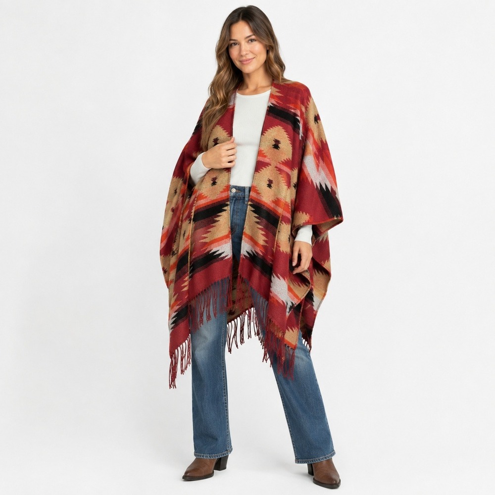 Macchia di Ruggine Womens Southwestern Fringe Poncho Cape Wrap Rust Red OS